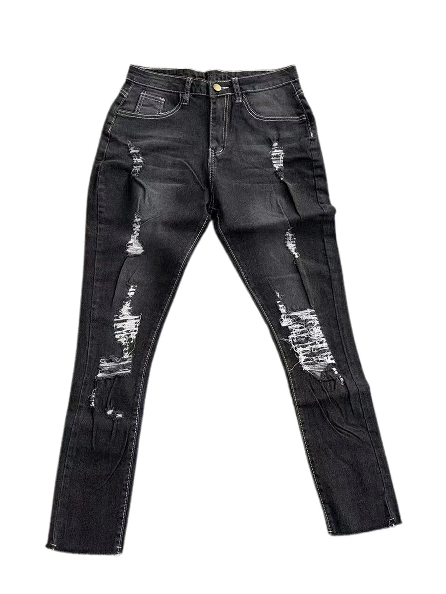 Ladies High Waist Skinny Ripped Denim Jeans – Stretch Slim Fit Casual Streetwear (Blue)
