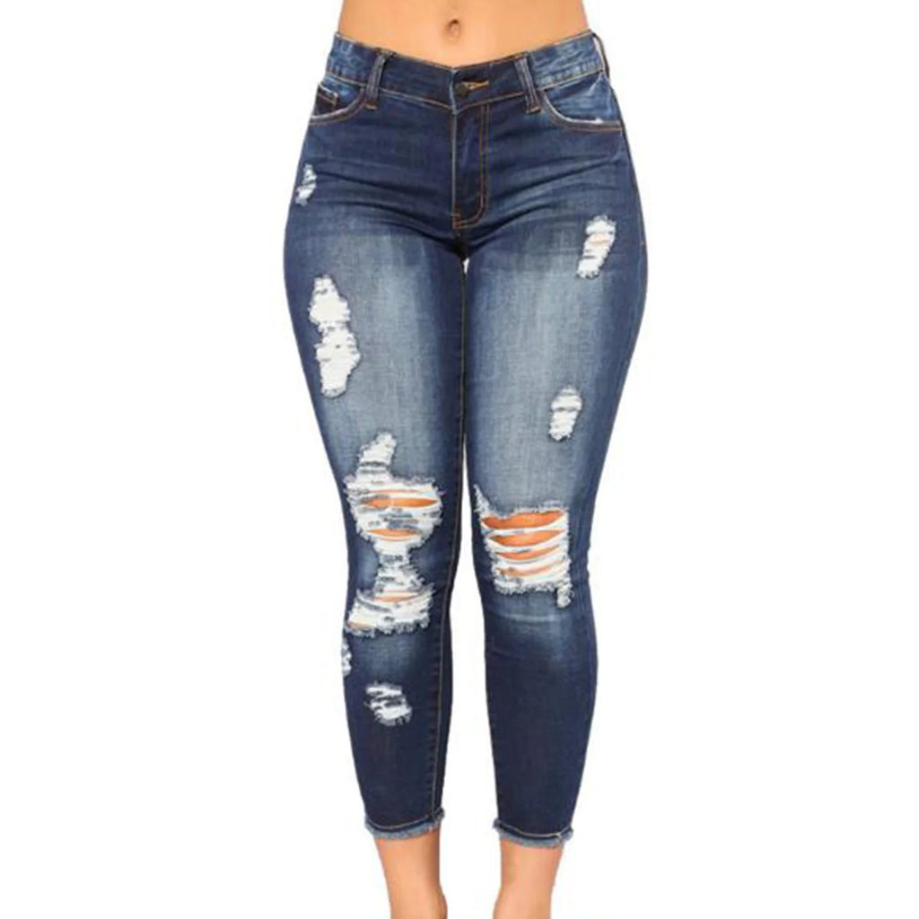 Ladies High Waist Skinny Ripped Denim Jeans – Stretch Slim Fit Casual Streetwear (Blue)