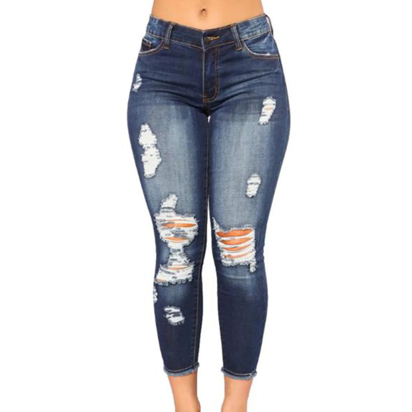 Ladies High Waist Skinny Ripped Denim Jeans – Stretch Slim Fit Casual Streetwear (Blue)