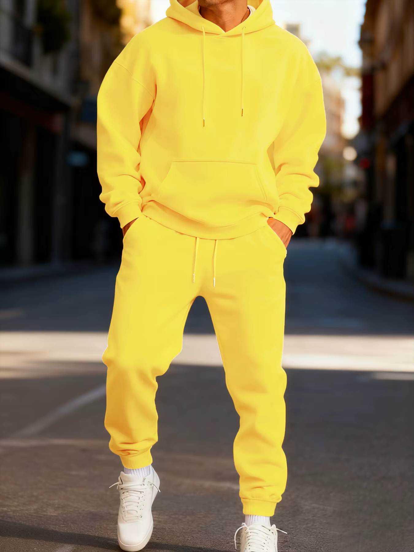Man's Hoodie Set Winter Solid Color Two Pices Sets Long-Length