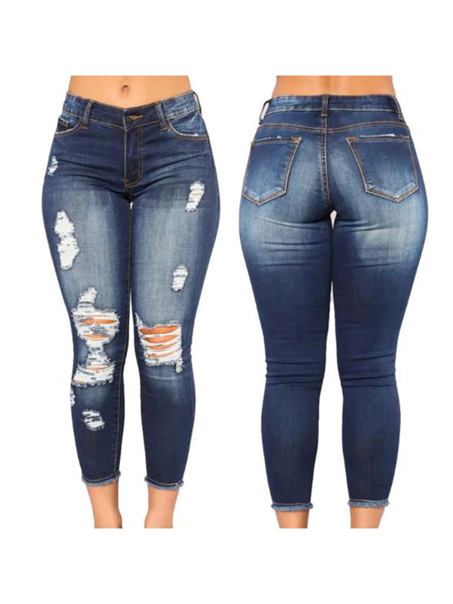 Ladies High Waist Skinny Ripped Denim Jeans – Stretch Slim Fit Casual Streetwear (Blue)