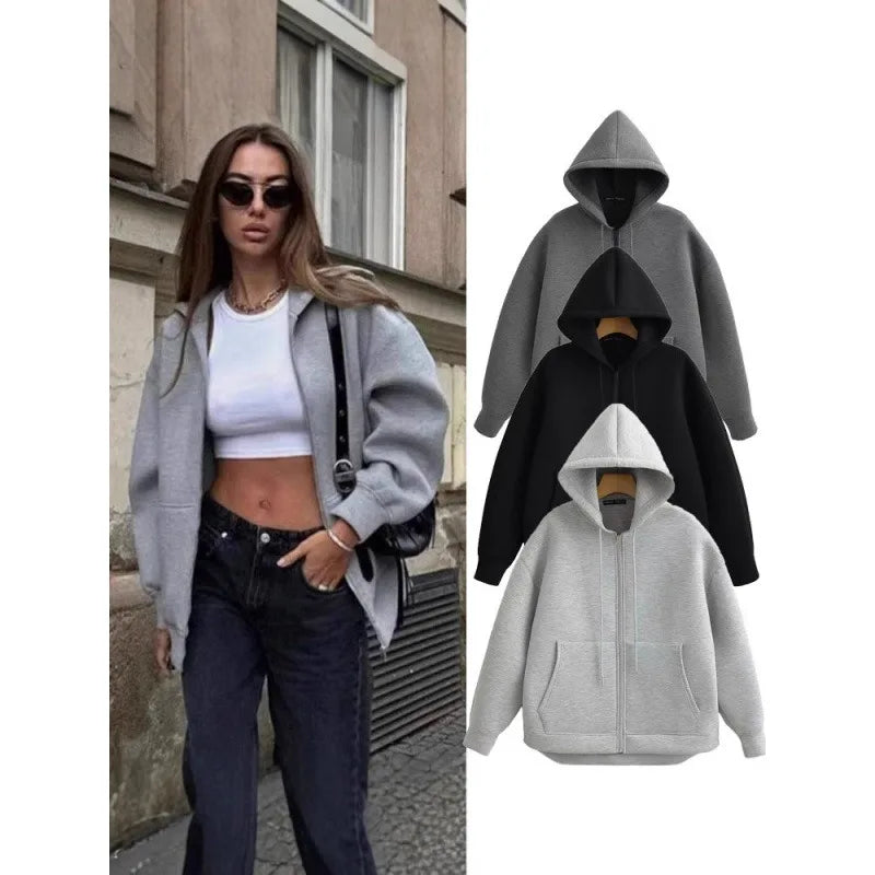 Women’s Oversized Zip-Up Hoodie – Long Sleeve Casual Fleece Jacket