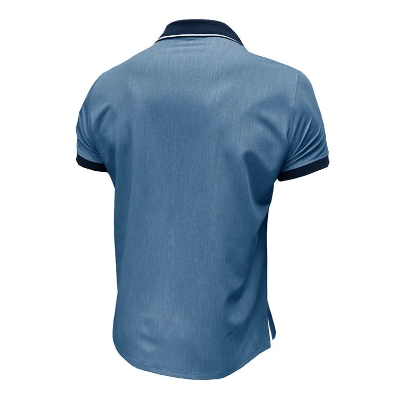 Men’s Short Sleeve Denim Shirt – Patchwork Design, Turn-Down Collar, Button Closure – Casual Summer Fashion