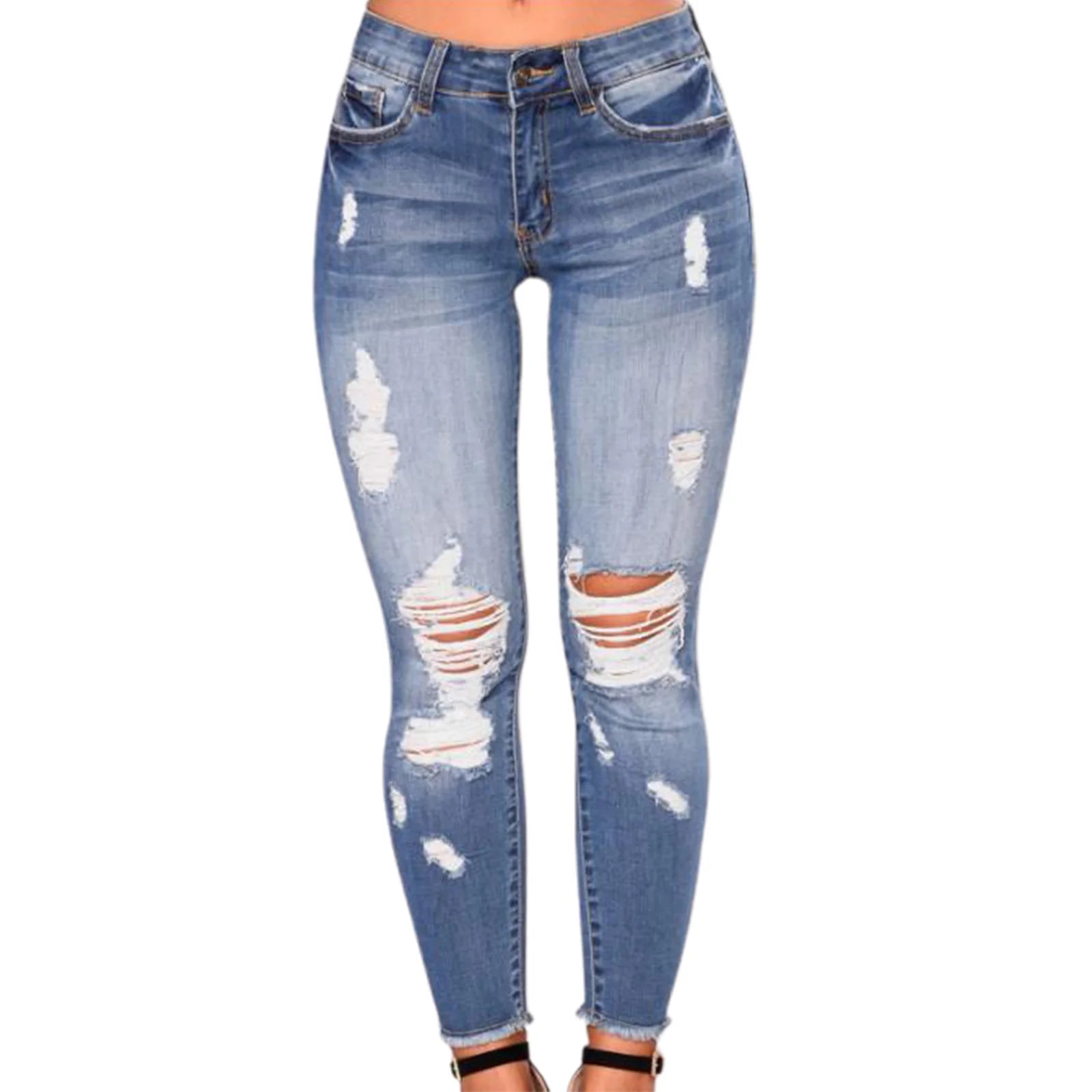 Ladies High Waist Skinny Ripped Denim Jeans – Stretch Slim Fit Casual Streetwear (Blue)