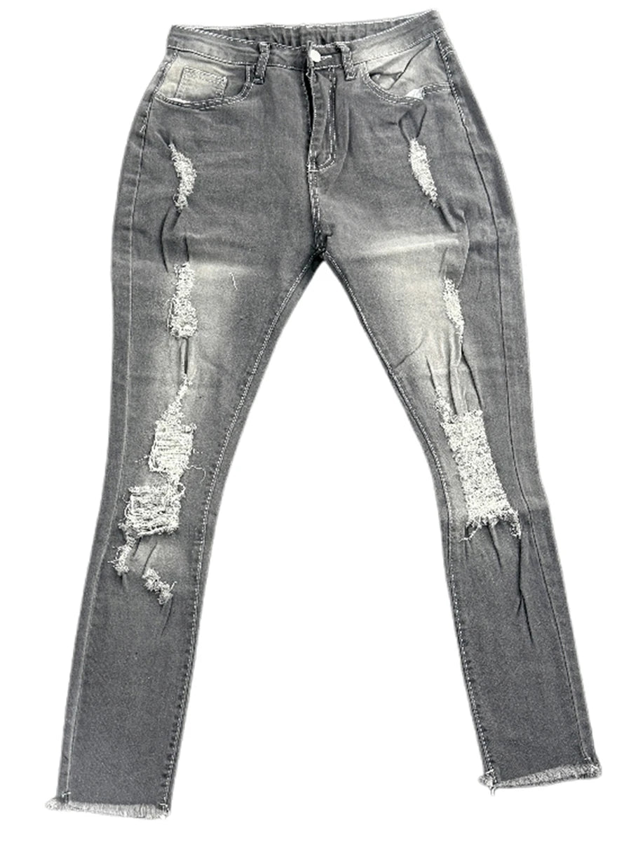 Ladies High Waist Skinny Ripped Denim Jeans – Stretch Slim Fit Casual Streetwear (Blue)