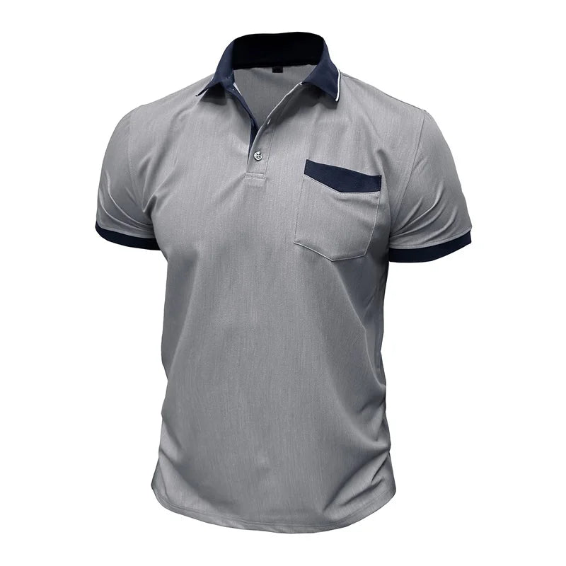 Men’s Short Sleeve Denim Shirt – Patchwork Design, Turn-Down Collar, Button Closure – Casual Summer Fashion