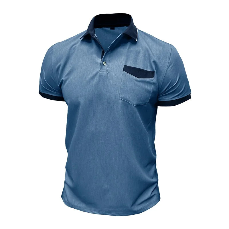 Men’s Short Sleeve Denim Shirt – Patchwork Design, Turn-Down Collar, Button Closure – Casual Summer Fashion